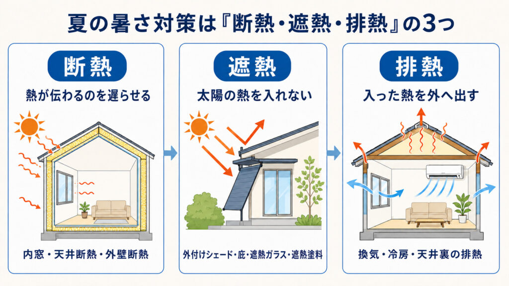 夏の暑さ対策に必要な遮熱・断熱・排熱の違いを示した図解